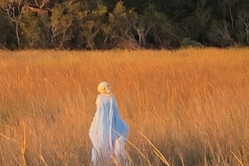 a person standing on a dry grass field